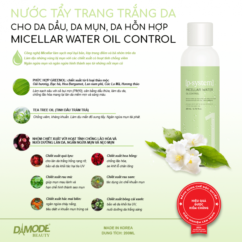 Nước Tẩy Trang Sạch sâu cho  Da Dầu, Mụn, Hỗn Hợp  Micellar Water Oil Control